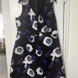 JCrew Floral V-Neck Black Dress with Purple & White Blooms